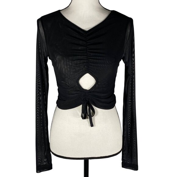 Kendall + Kylie Black Mesh Long Sleeve Ruched Crop Top W/ Cutout & Tie Detail M - Picture 1 of 10